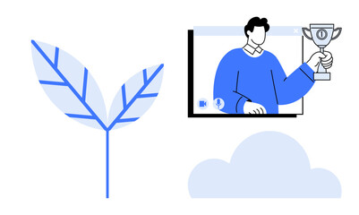 Person receiving a trophy in an online video call, symbolizing achievement and success in digital environments. Blue leaf and cloud for sustainability, eco-awareness, online initiatives. Ideal