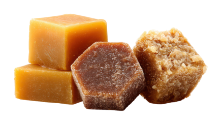 Three piles of jaggery in traditional block cone and disc shapes on transparent background