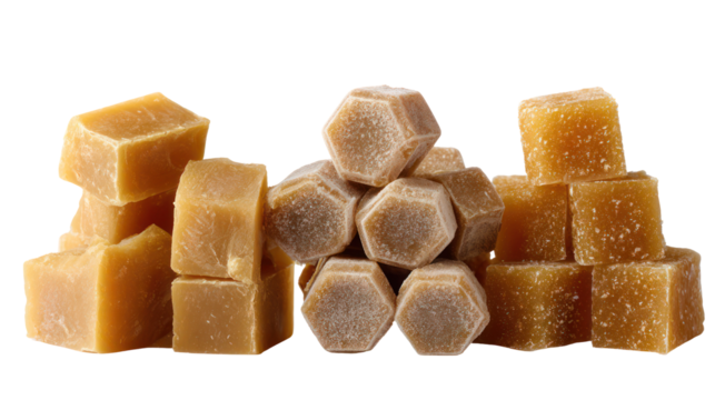 Three piles of jaggery in square, disk, and hexagonal shapes side by side on transparent background