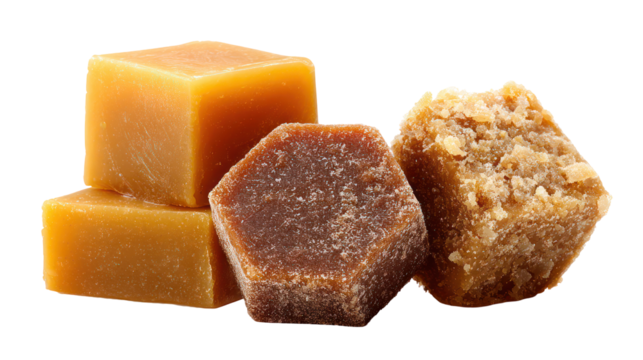 Three piles of jaggery in traditional block cone and disc shapes on transparent background