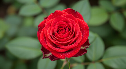 Close up of a vibrant red rose in full bloom with soft green foliage background