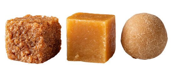 Three piles of jaggery in traditional block cone and disc shapes on transparent background