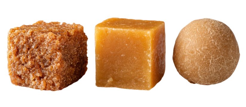 Three piles of jaggery in traditional block cone and disc shapes on transparent background