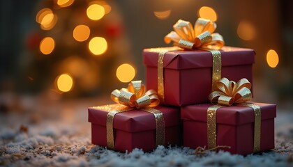 Beautifully wrapped Christmas gift boxes with elegant golden ribbons, stacked precariously, soft bokeh of sparkling lights against a dark, festive backdrop, captured during a winter twilight, photo.
