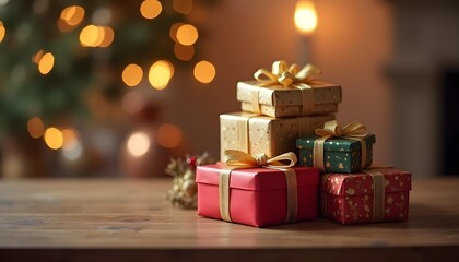 Beautifully wrapped Christmas gift boxes with elegant golden ribbons, stacked precariously, soft bokeh of sparkling lights against a dark, festive backdrop, captured during a winter twilight, photo.
