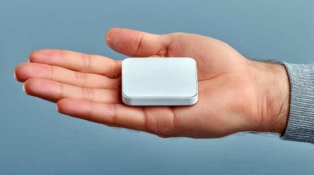 A small, white, rectangular electronic device is held in a person's open palm, showcasing its compact size.