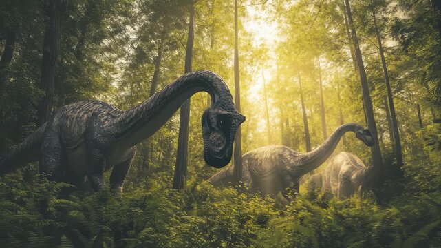 Diplodocus dinosaurs roaming through a lush forest under golden sunlight, Diplodocus dinosaurs in the forest