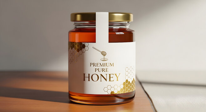 Golden liquid honey in a clear glass jar with a decorative label and golden lid on a wooden surface