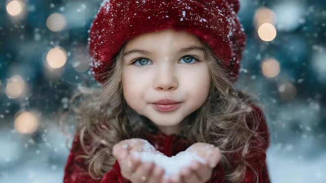 4K Smiling little girl in denim overalls and birthday hat throwing rainbow confetti in air, isolated on orange background ids party, child happiness, confetti explosion, birthday cele