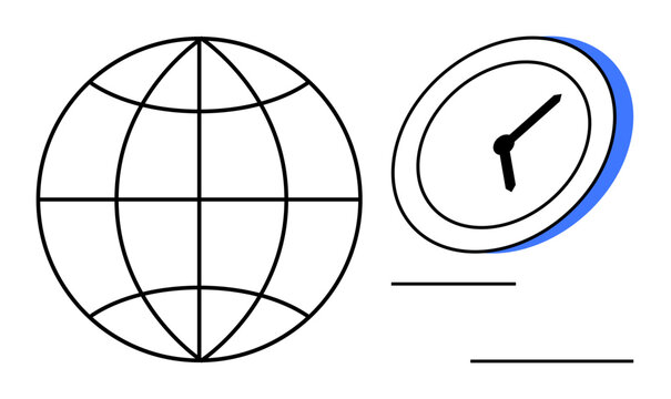 Globe representing global reach next to tilted clock symbolizing time management. Ideal for business, logistics, globalization, scheduling, communication, travel, efficiency. Simple flat metaphor