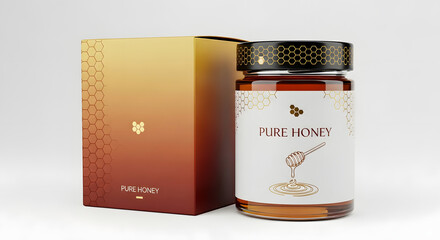 Premium honey jar with elegant packaging and golden accents