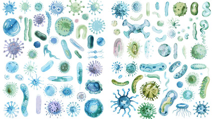 A watercolor illustration set of bacteria, viruses, and microorganisms in various shapes and colors, perfect for science education, biology design, medical themes, and microbiology artwork.