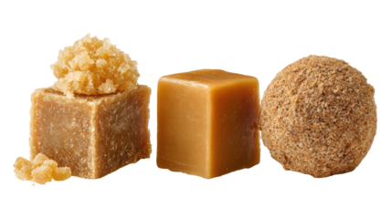 Three piles of jaggery in traditional block cone and disc shapes on transparent background
