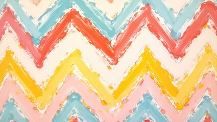 The vibrant and playful artwork showcases a seamless chevron pattern created with colorful brushstrokes, featuring hues of blue, red, pink, yellow, and white against a neutral background.