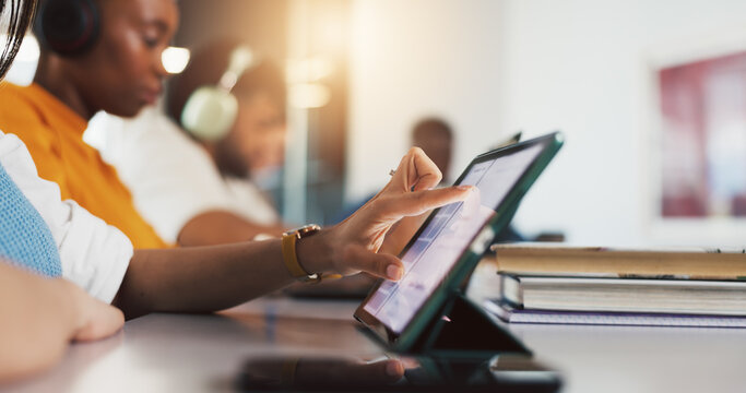 Tablet, hands and student in college for learning, course research or scroll for knowledge. Tech, university and woman in classroom for studying, assignment info or test preparation for education