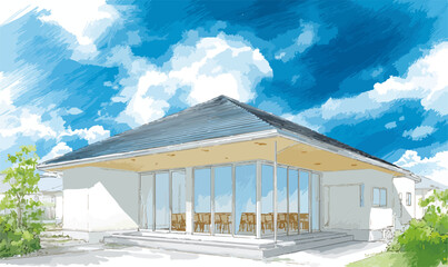 푸른 하늘 아래 현대적인 단층집의 수채화 스타일 일러스트, 넓은 창문과 테라스가 있는 집