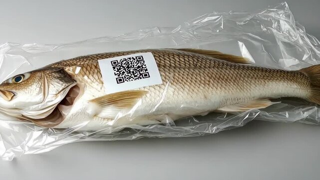 Fresh fish in plastic wrap with a QR code for traceability and information.