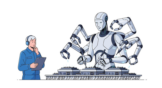 Innovative construction project with a multi-armed robot overseeing a building