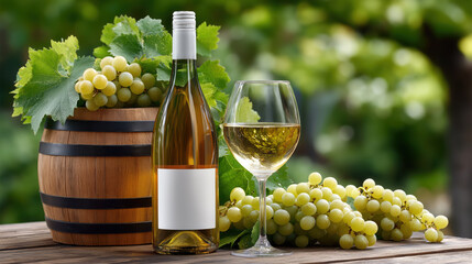 Fototapeta premium Bottle of white wine sits next to glass filled with wine, surrounded by fresh green grapes and wooden barrel, creating serene vineyard atmosphere