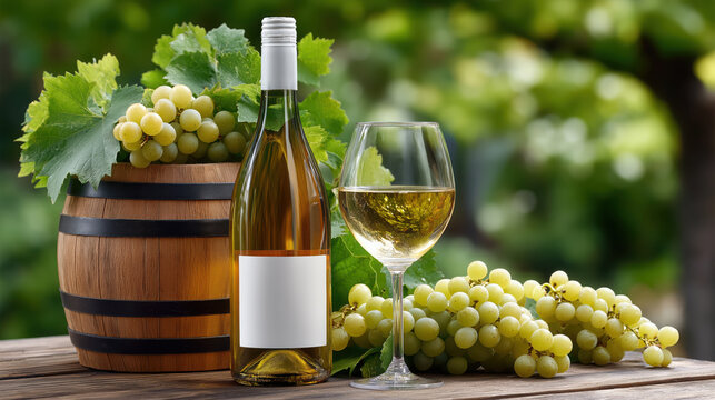 Bottle of white wine sits next to glass filled with wine, surrounded by fresh green grapes and wooden barrel, creating serene vineyard atmosphere