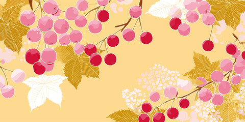 부드러운 파스텔톤의 붉은 열매와 금색 잎사귀가 어우러진 동양적인 느낌의 벡터 배경