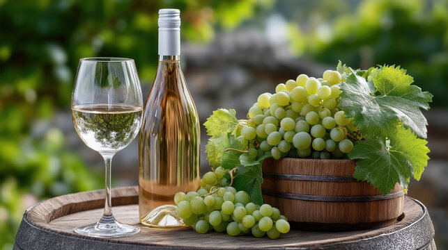 Bottle of white wine sits beside glass filled with wine, accompanied by fresh green grapes and wooden barrel. scene evokes sense of relaxation