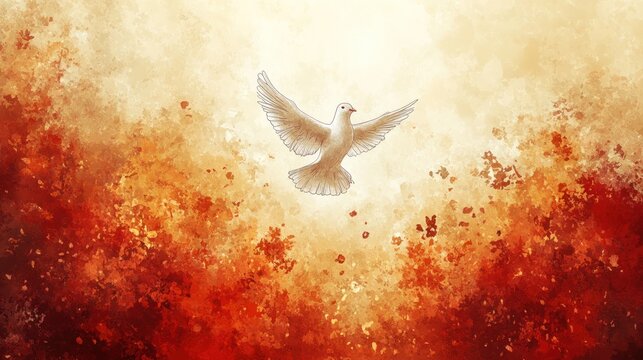 Christian cross with dove of peace watercolor painting illustration on beige brown background for religious greeting card concept