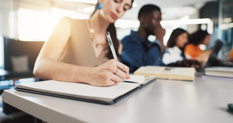College student, hands or writing in notebook for lecture, academic productivity or knowledge for learning. University class, module summary or people with course education, study notes or assessment