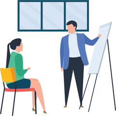 Man In Blue Suit Explaining On White Board To Woman Sitting On Chair In Green Top During Business Meeting White Background