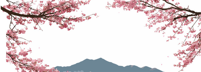 봄날의 벚꽃 가지와 산봉우리가 어우러진 아름다운 풍경, 벡터 일러스트