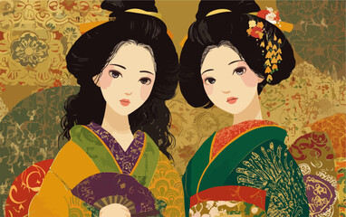 아름다운 전통 기모노를 입은 두 명의 일본 여성 초상화, 섬세한 패턴의 배경