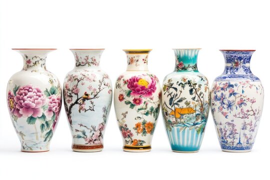 A collection of porcelain vases showcasing a variety of floral and animal motifs, with a focus on traditional Chinese design elements such as dragons and phoenixes.