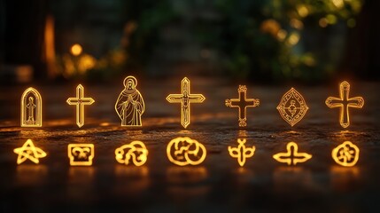 Set of outline Christian icons including cross, Bible, church, praying hands, dove, and other religious symbols in simple line style