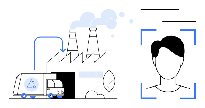 Factory emitting smoke, recycling truck, human face in recognition frame. Ideal for recycling, sustainability, waste management, technology, AI industry eco-friendly processes. Simple flat metaphor