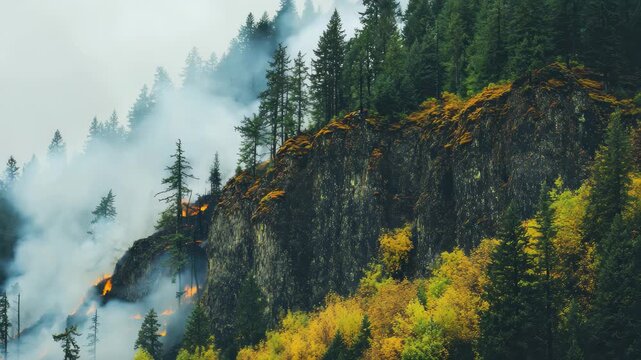Forest fire engulfs trees on steep mountainside in a smoky atmosphere, Large forest fire burns the tree covered side of a mountain in Oregon