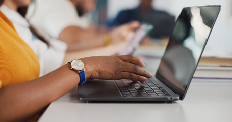 University student, hands or typing on laptop in lecture, academic productivity or study notes for learning. College class, module summary or people with pc for course education, knowledge or screen