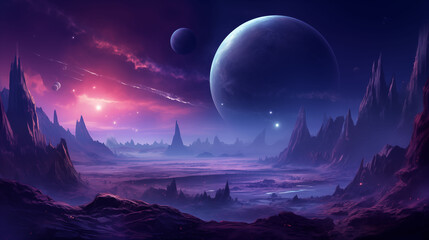Futuristic alien planet landscape with rocky terrain, purple sky, ringed planet in the background