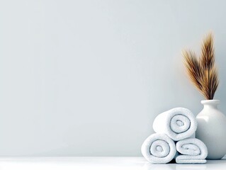A clean and serene spa setting featuring neatly rolled white towels stacked beside a white vase holding dried grass, set against a soft blue background.