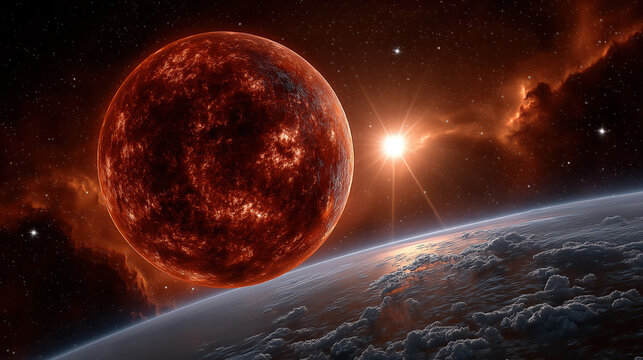 Vibrant cosmic scene featuring large red planet illuminated by distant star, surrounded by swirling clouds and cosmic dust, evokes sense of wonder - Powered by Adobe