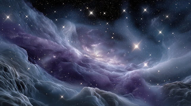 Stunning cosmic scene featuring swirling clouds of purple and white, illuminated by countless stars against dark backdrop