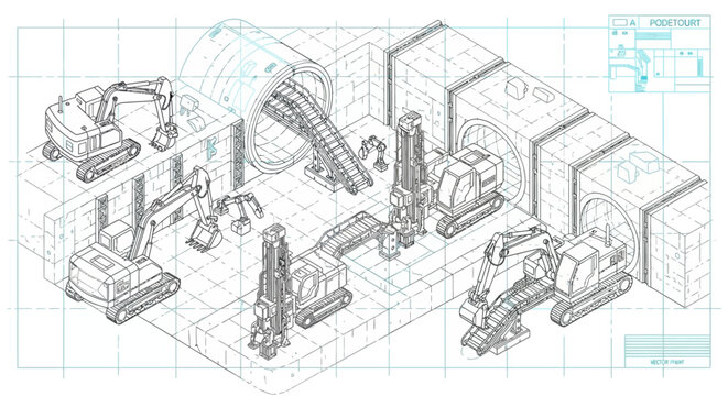 Isometric futuristic underground mining facility illustrated in clean blueprint style. Includes advanced excavators, automated drilling units, robotic arms
