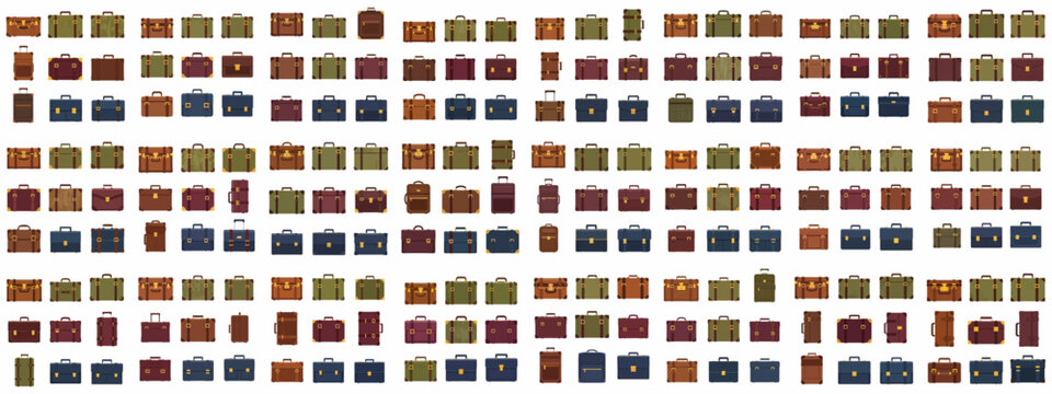 Seamless pattern of flat design vintage suitcases, briefcases, and travel bags, featuring various colors and styles for travel and business concepts.