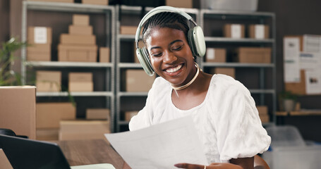 Ecommerce, headphones or black woman in office with paper, stock control or music streaming at...