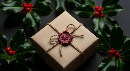 Elegant christmas gift box with holly berries on dark background
