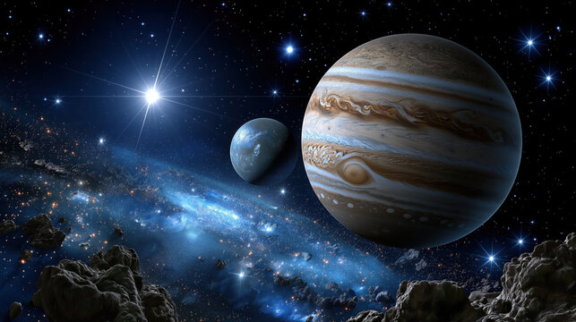 Stunning cosmic scene featuring two planets, one resembling Jupiter, surrounded by starry sky and distant galaxies, evoking sense of wonder