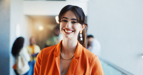 Portrait, student or woman in college with smile for fashion degree, academic growth or creativity. Happy, person or scholar in university with pride for design course, curriculum or higher education