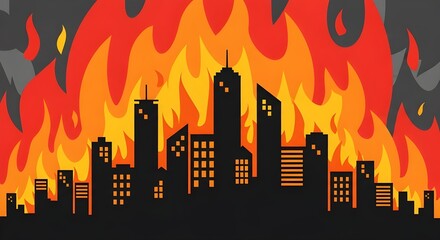 Silhouette of a city skyline engulfed in flames with smoke in the background cartoon illustration