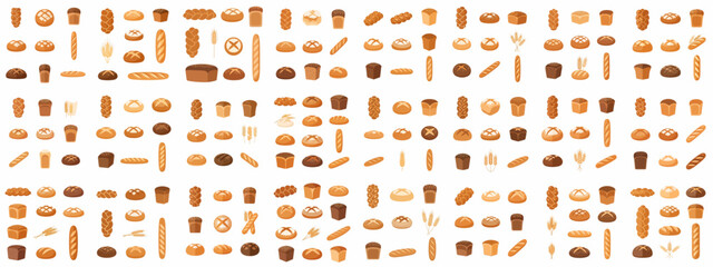 Seamless pattern background of various stylized bread icons, including loaves, baguettes, challah, and wheat stalks, representing bakery products and food.