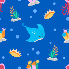 Flat cute sea animals seamless pattern illustration