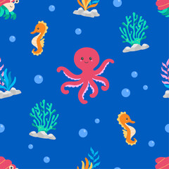 Flat cute sea animals seamless pattern illustration